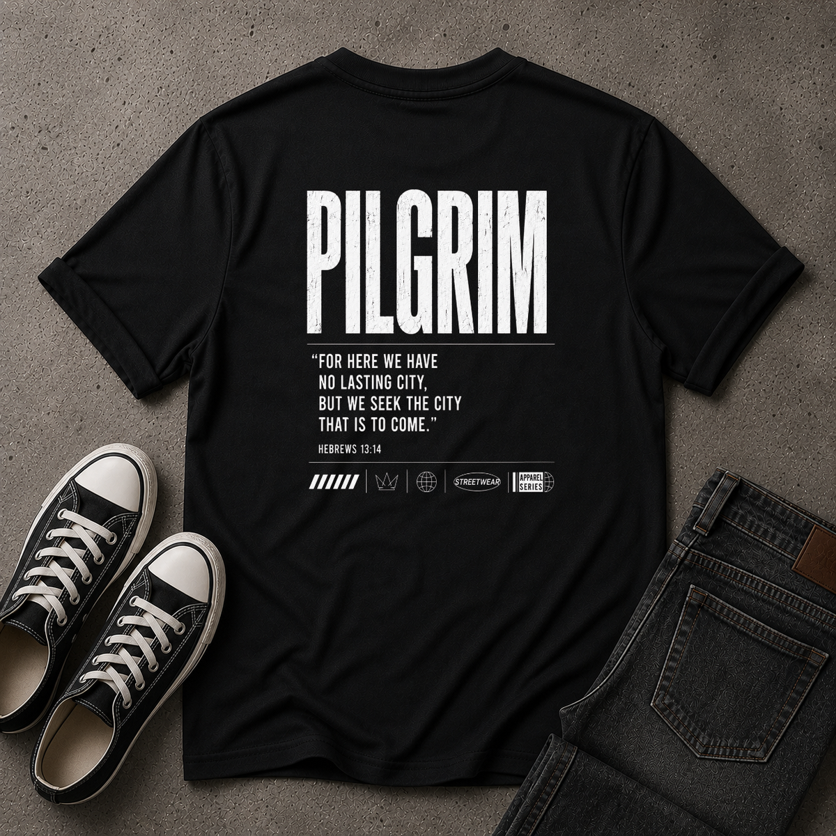 Pilgrim Christian T-Shirt – Hebrews 13:14 Scripture Tee (BACK DESIGN)