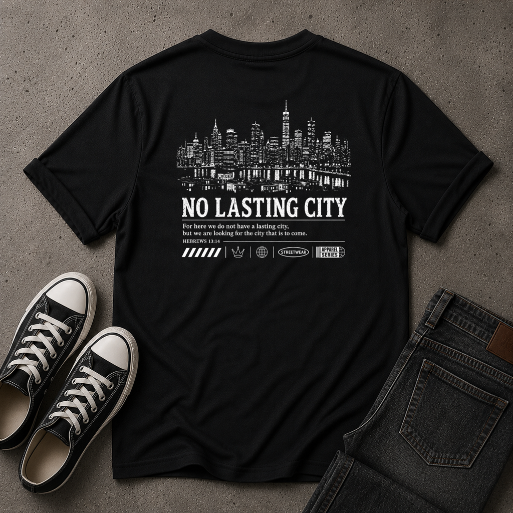 No Lasting City Christian T-Shirt – Hebrews 13:14 (BACK DESIGN)