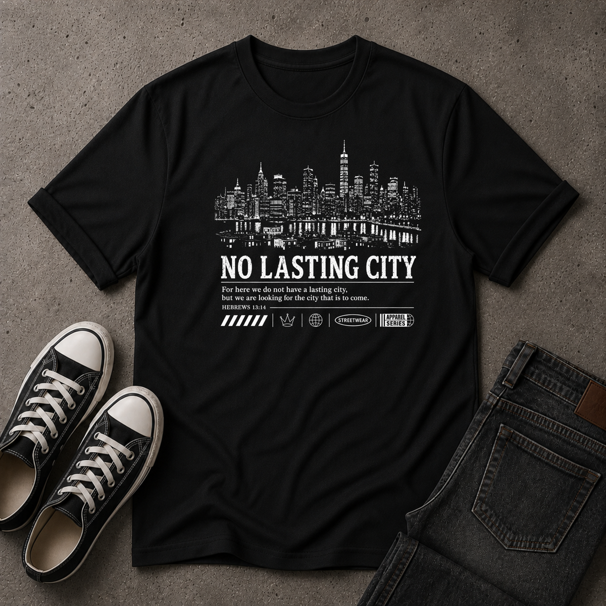 No Lasting City Christian T-Shirt – Hebrews 13:14 (FRONT DESIGN)