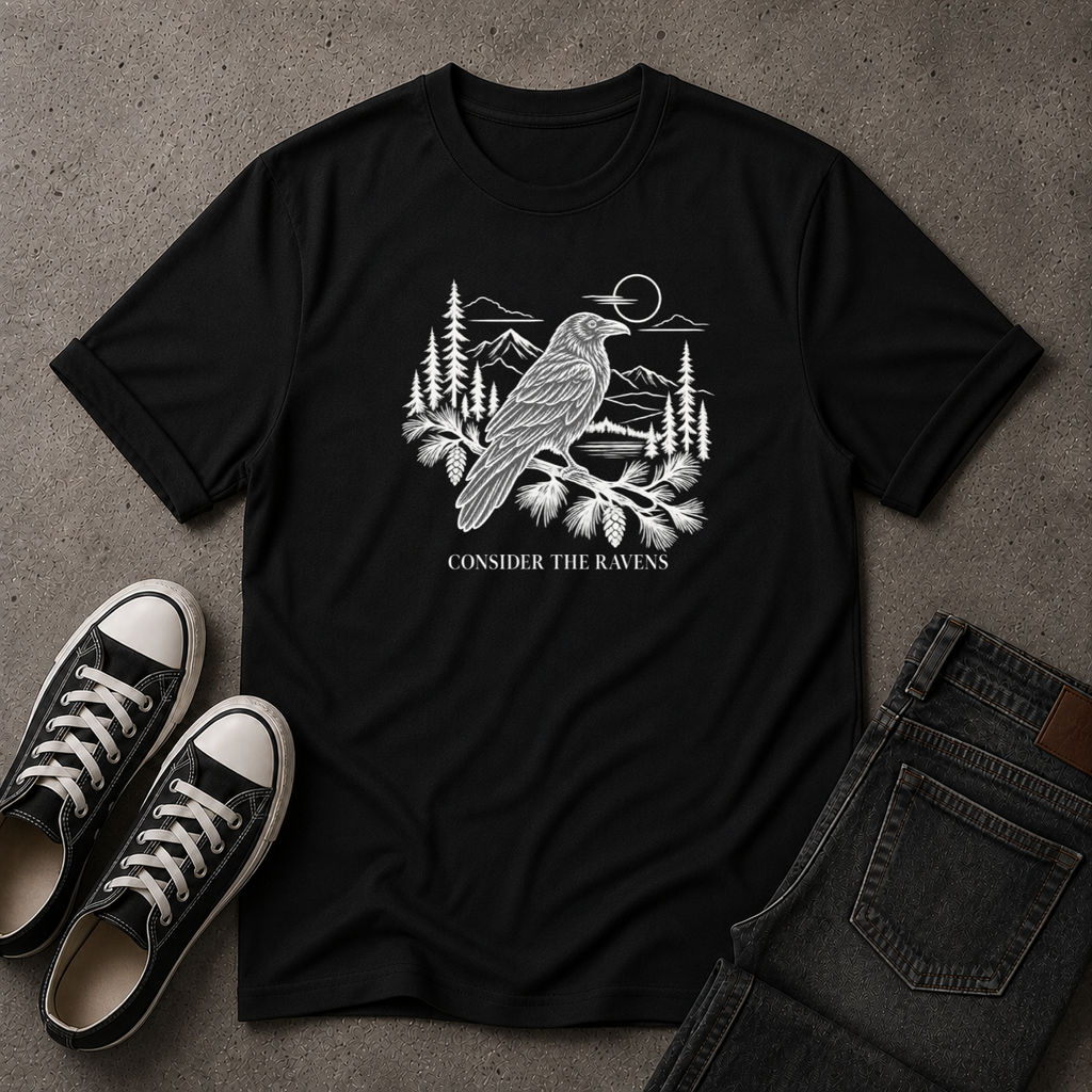 Consider the Ravens Christian T-Shirt – Luke 12:24 Scripture Tee (FRONT DESIGN)