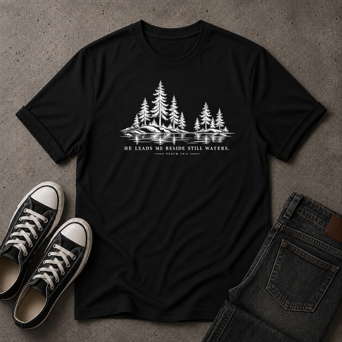 Still Waters T-Shirt | Psalm 23 Christian Tee (FRONT DESIGN)