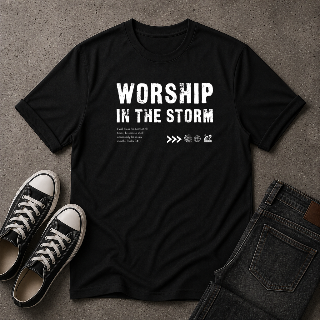 Worship in the Storm Christian T-Shirt – Psalm 34:1 (FRONT DESIGN)