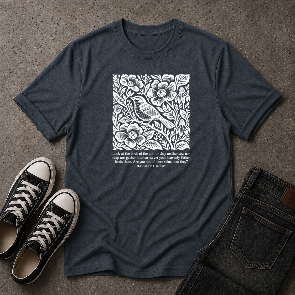 Matthew 6:26 T-Shirt – Look at the Birds Christian Tee (FRONT DESIGN)