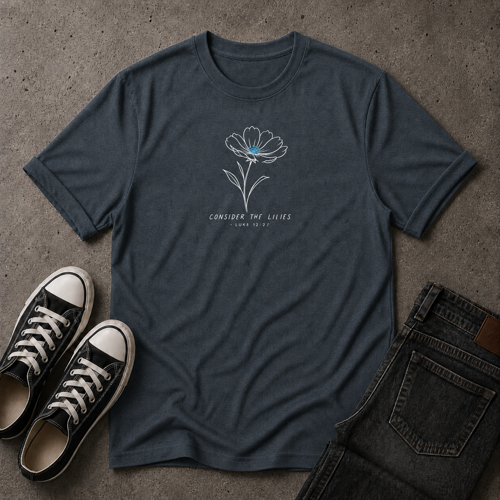 Consider the Lilies Christian T-Shirt – Luke 12:27 Floral Scripture Tee (FRONT DESIGN)