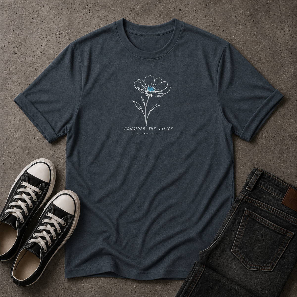 Consider the Lilies Christian T-Shirt – Luke 12:27 Floral Scripture Tee (FRONT DESIGN)