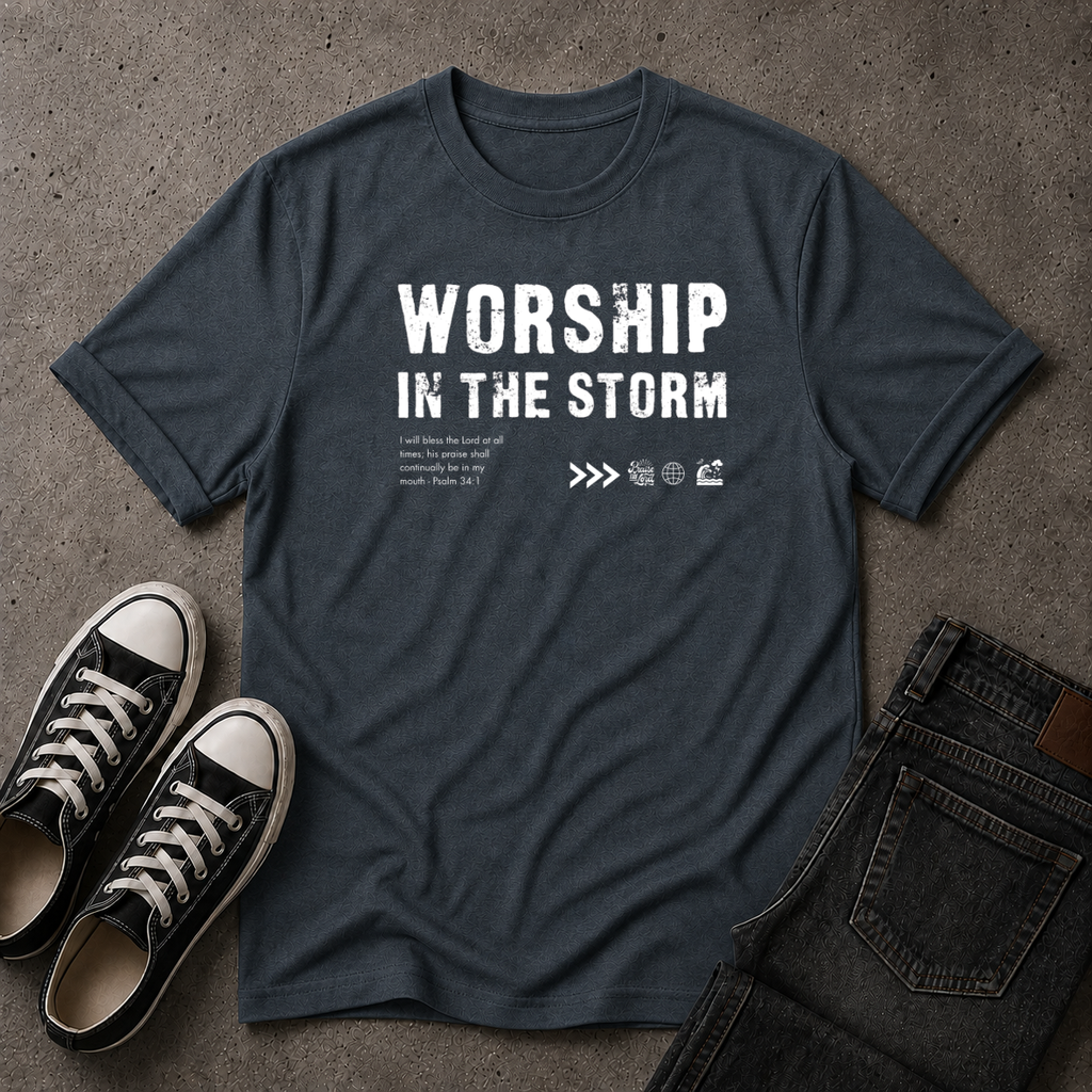 Worship in the Storm Christian T-Shirt – Psalm 34:1 (FRONT DESIGN)