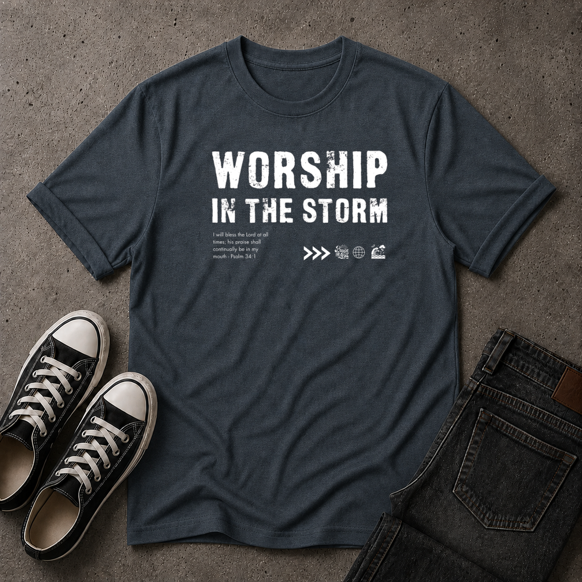 Worship in the Storm Christian T-Shirt – Psalm 34:1 (FRONT DESIGN)