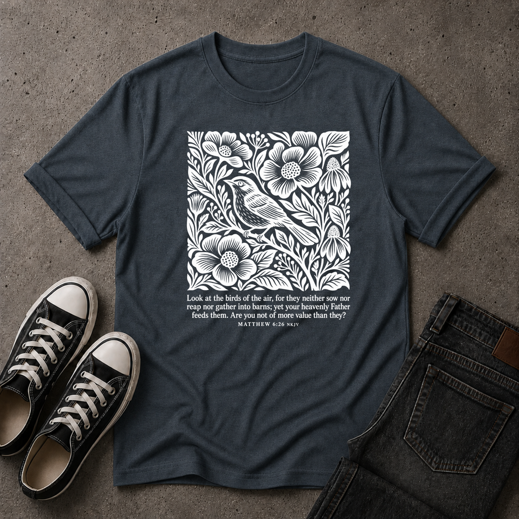 Look at the Birds Christian T-Shirt – Matthew 6:26 Scripture Tee (FRONT DESIGN)