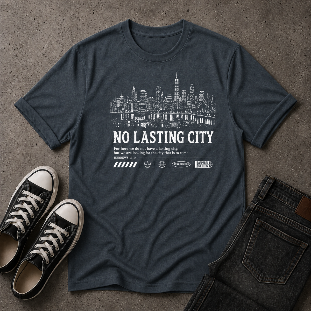 No Lasting City Christian T-Shirt – Hebrews 13:14 (FRONT DESIGN)
