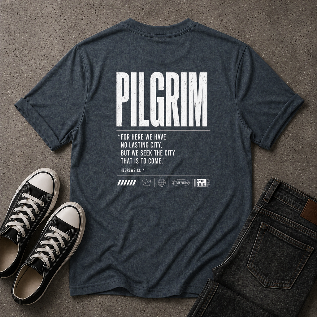 Pilgrim Christian T-Shirt – Hebrews 13:14 Scripture Tee (BACK DESIGN)