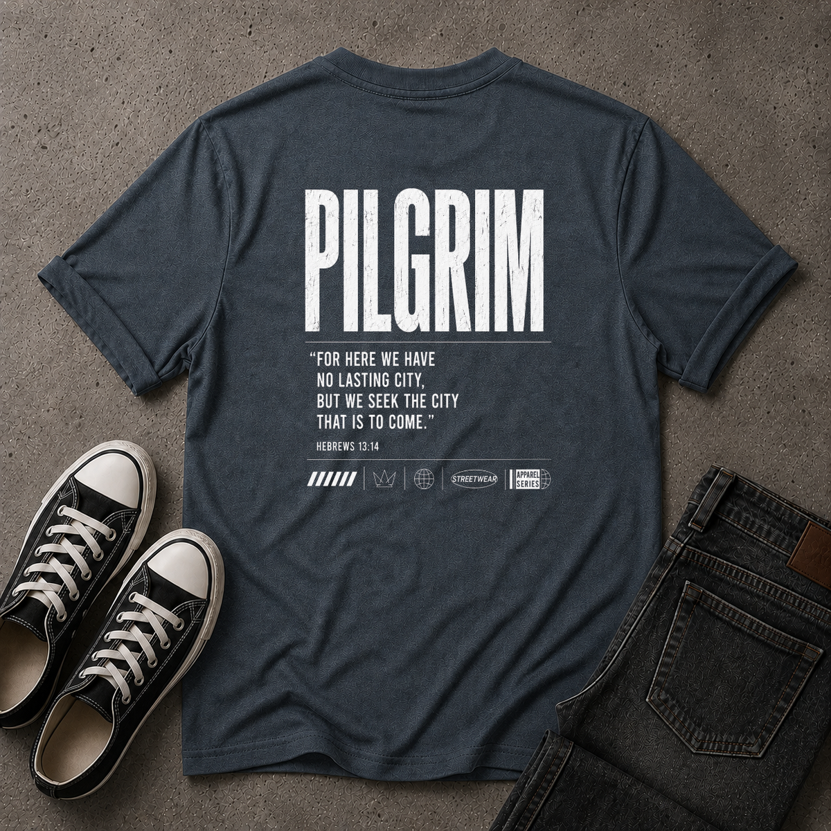 Pilgrim Christian T-Shirt – Hebrews 13:14 Scripture Tee (BACK DESIGN)