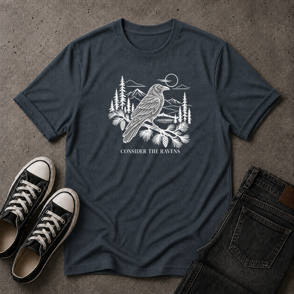 Consider the Ravens Christian T-Shirt – Luke 12:24 Scripture Tee (FRONT DESIGN)