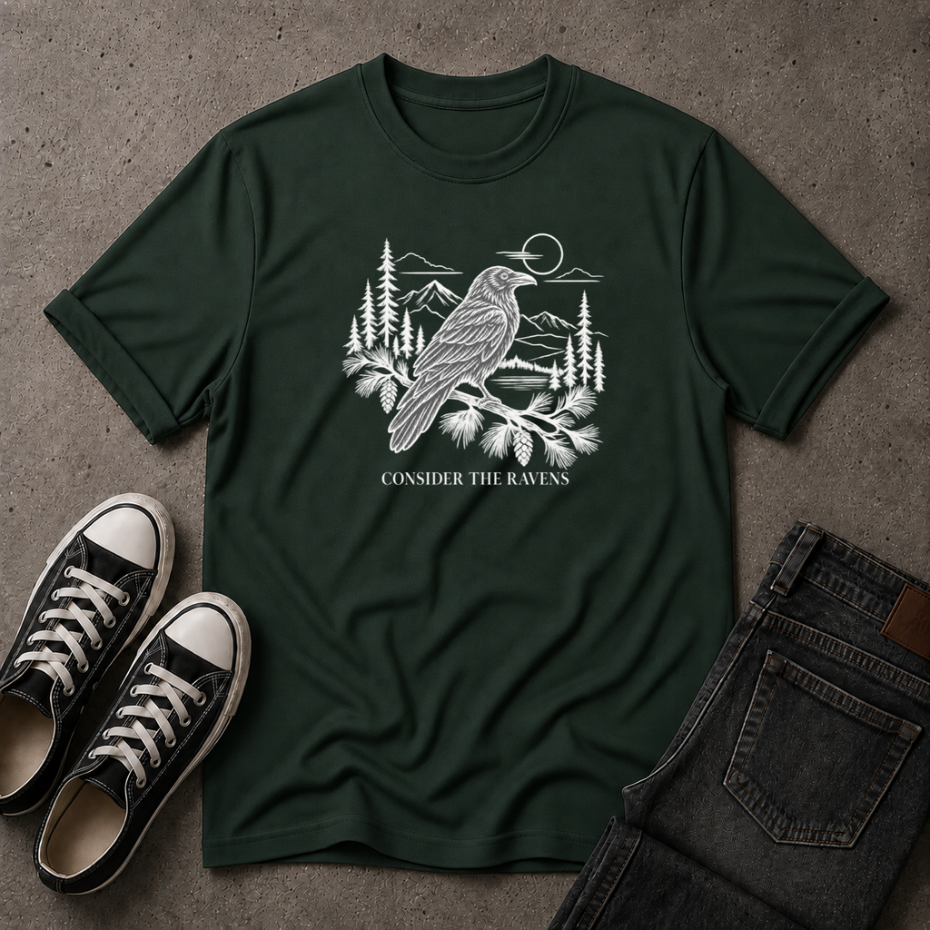 Consider the Ravens Christian T-Shirt – Luke 12:24 Scripture Tee (FRONT DESIGN)