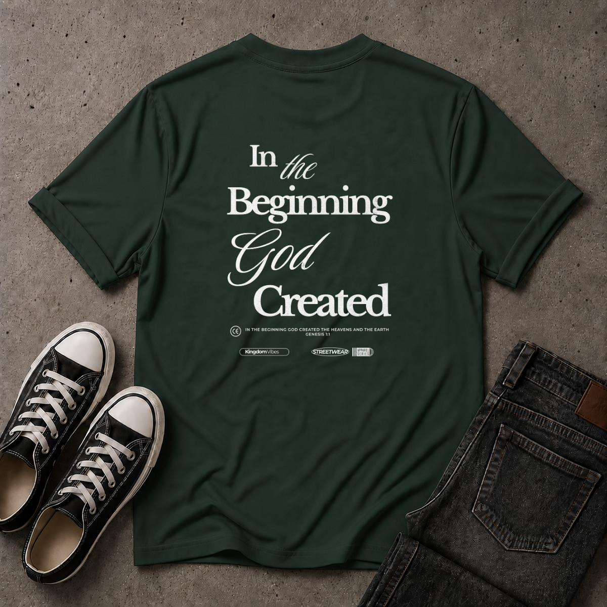 Genesis 1:1 T-Shirt – In The Beginning God Created Christian Tee (BACK DESIGN)