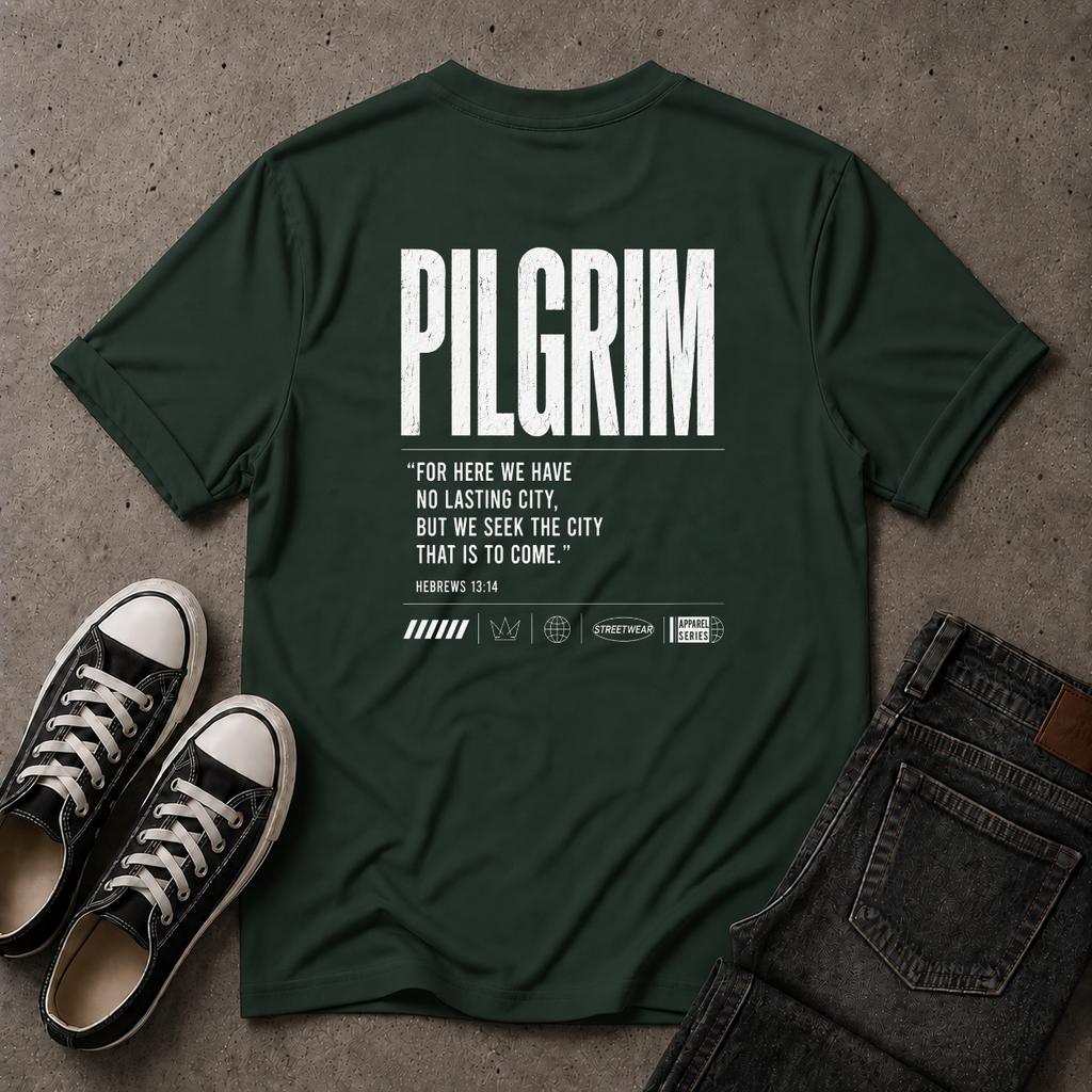 Pilgrim Christian T-Shirt – Hebrews 13:14 Scripture Tee (BACK DESIGN)