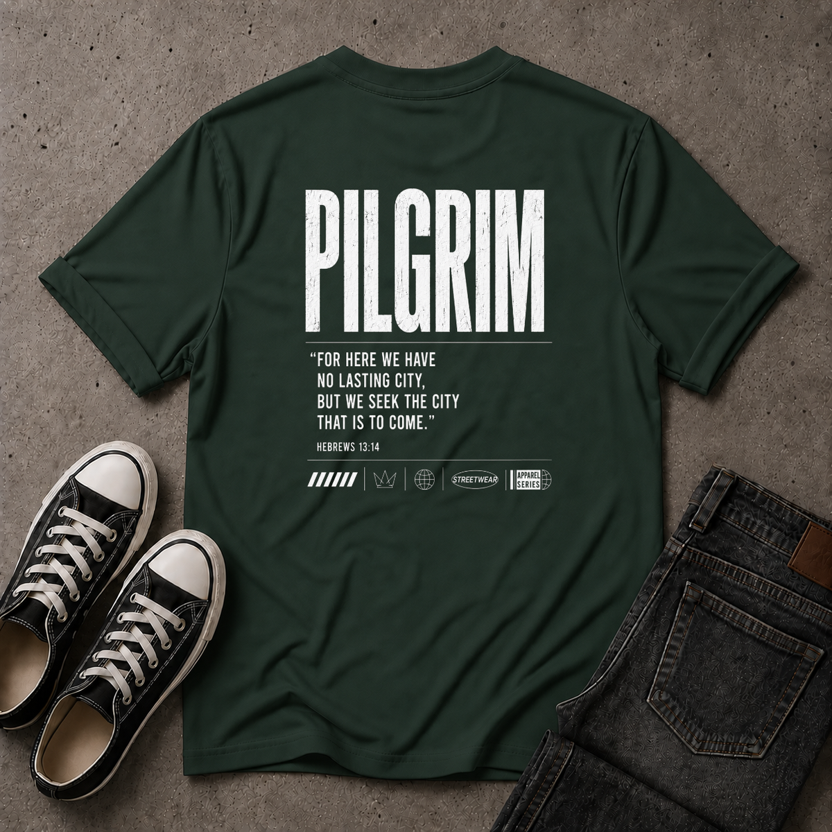 Pilgrim Christian T-Shirt – Hebrews 13:14 Scripture Tee (BACK DESIGN)