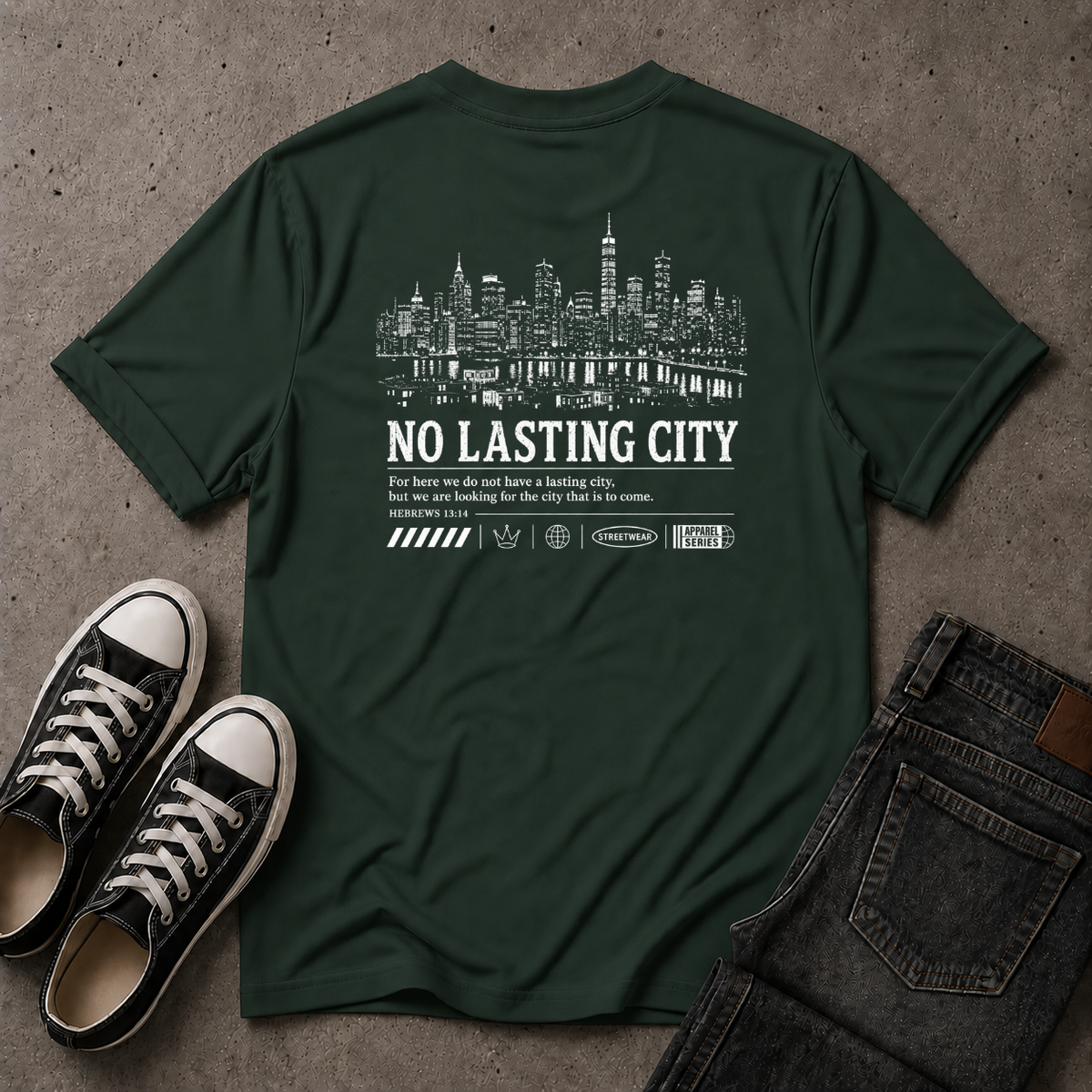 No Lasting City Christian T-Shirt – Hebrews 13:14 (BACK DESIGN)