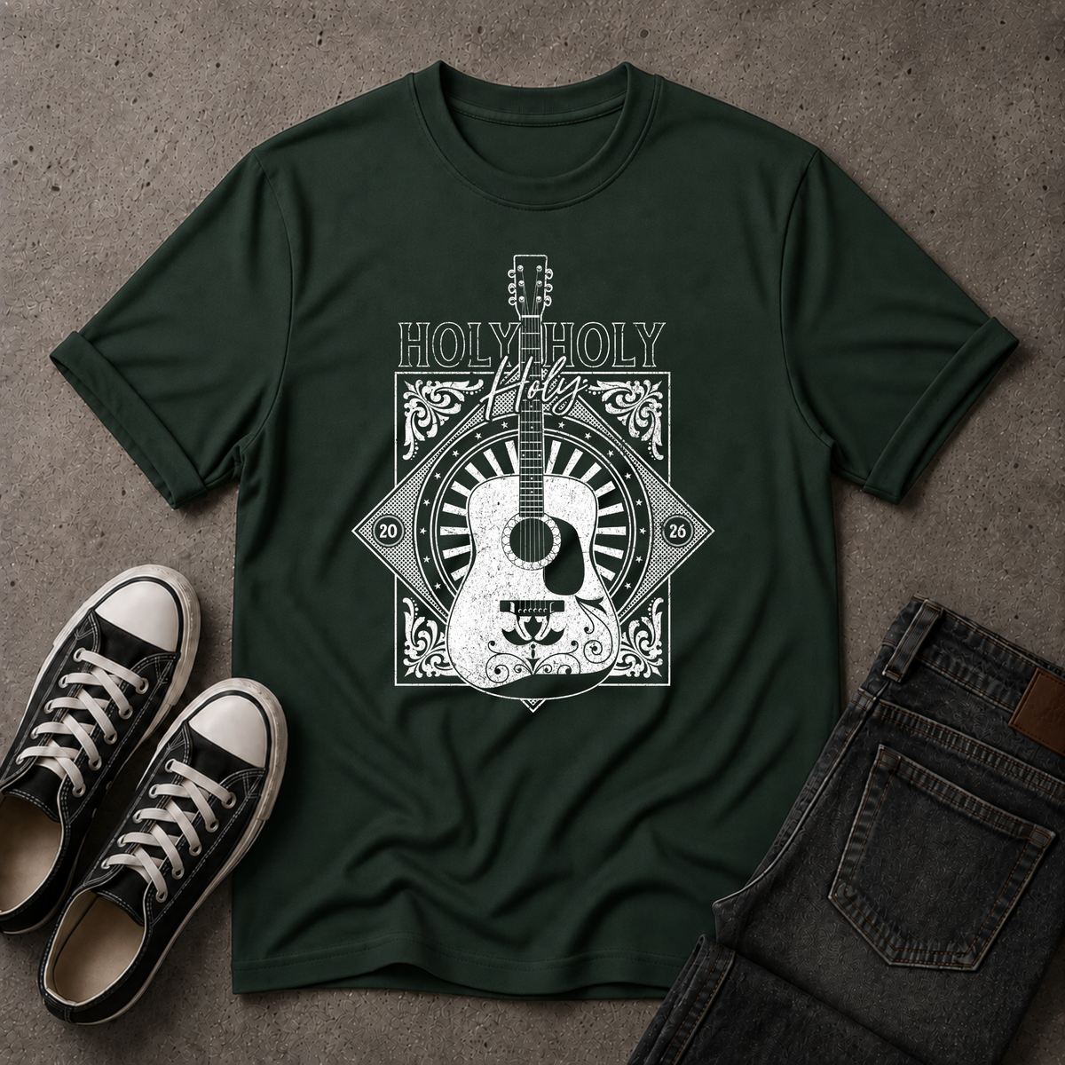 Holy Holy Holy Christian T-Shirt – Worship Guitar Faith Tee (FRONT DESIGN)