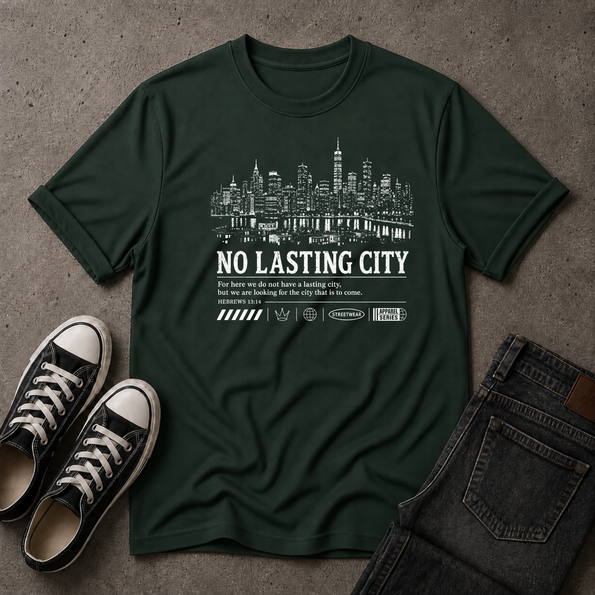 No Lasting City Christian T-Shirt – Hebrews 13:14 (FRONT DESIGN)