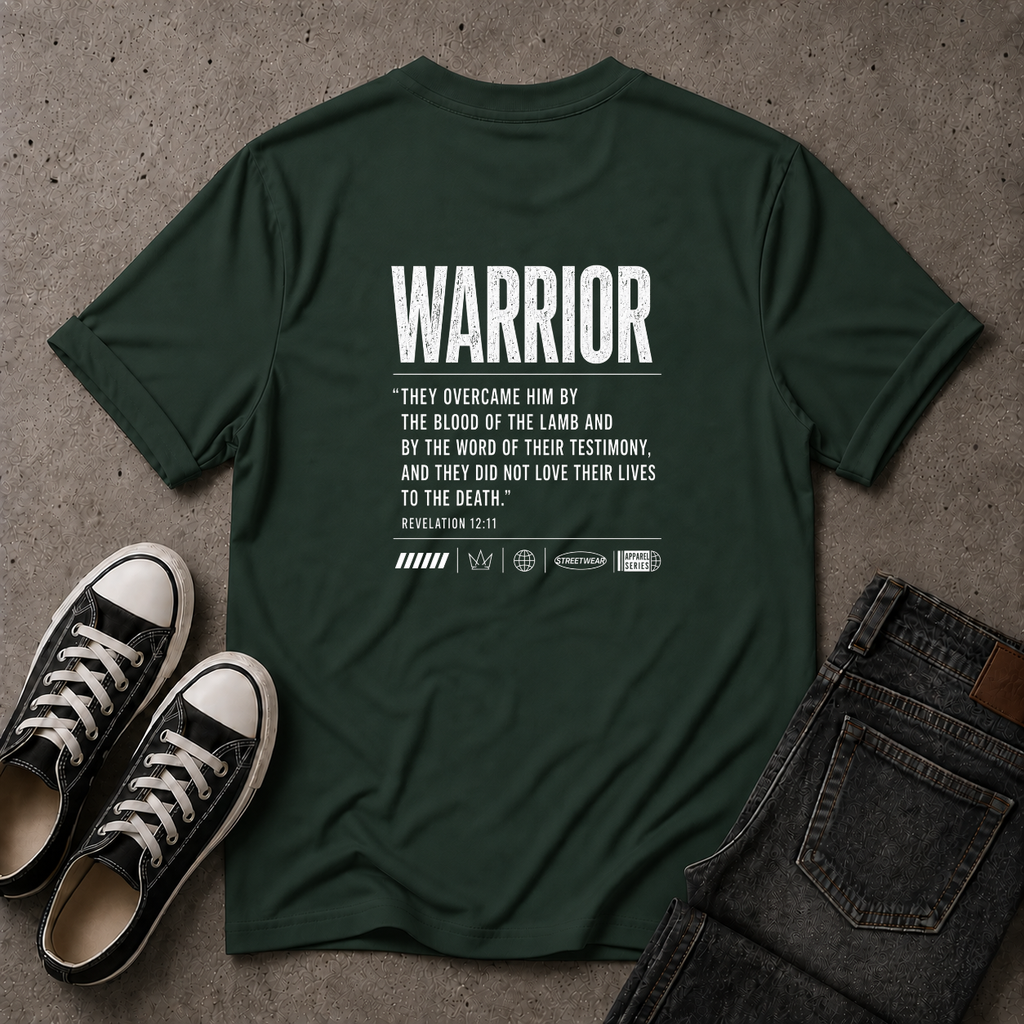 Christian Warrior T-Shirt – Revelation 12:11 Scripture Tee (BACK DESIGN)