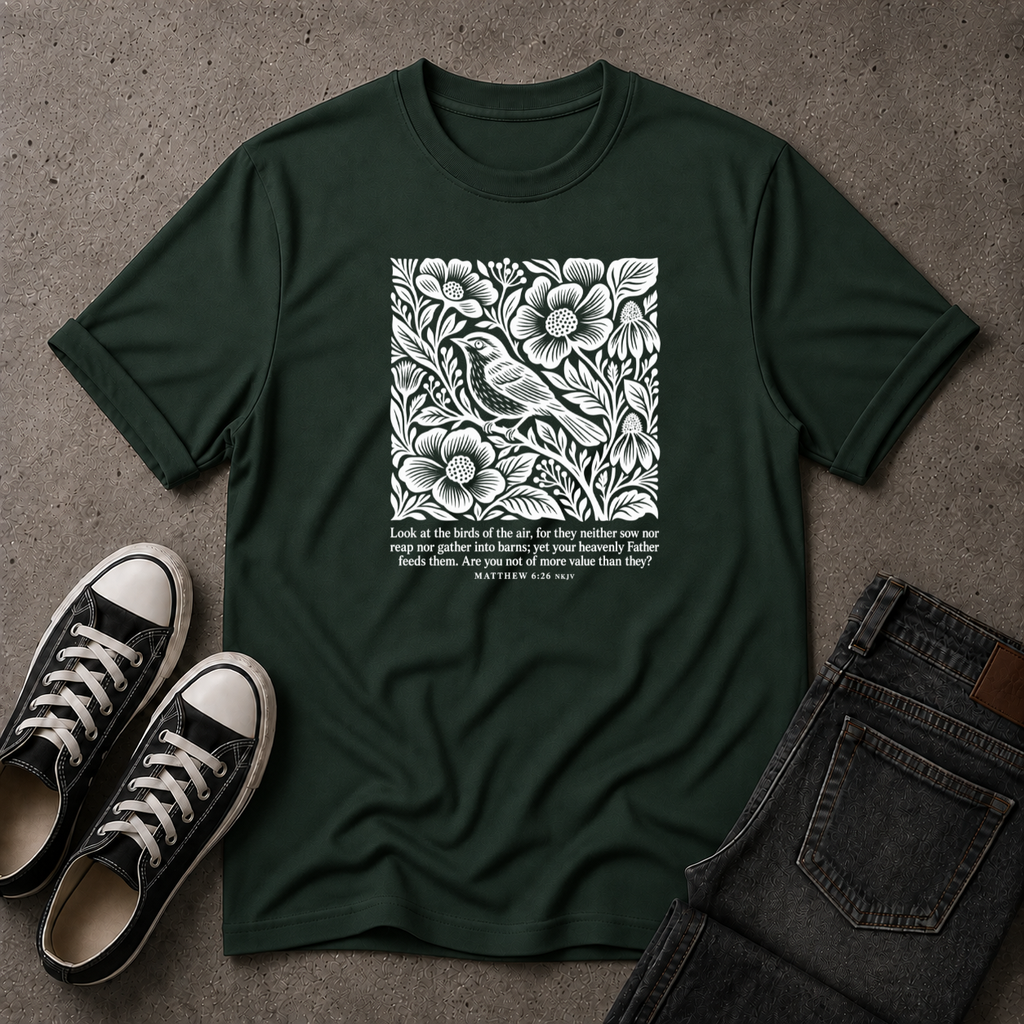 Matthew 6:26 T-Shirt – Look at the Birds Christian Tee (FRONT DESIGN)