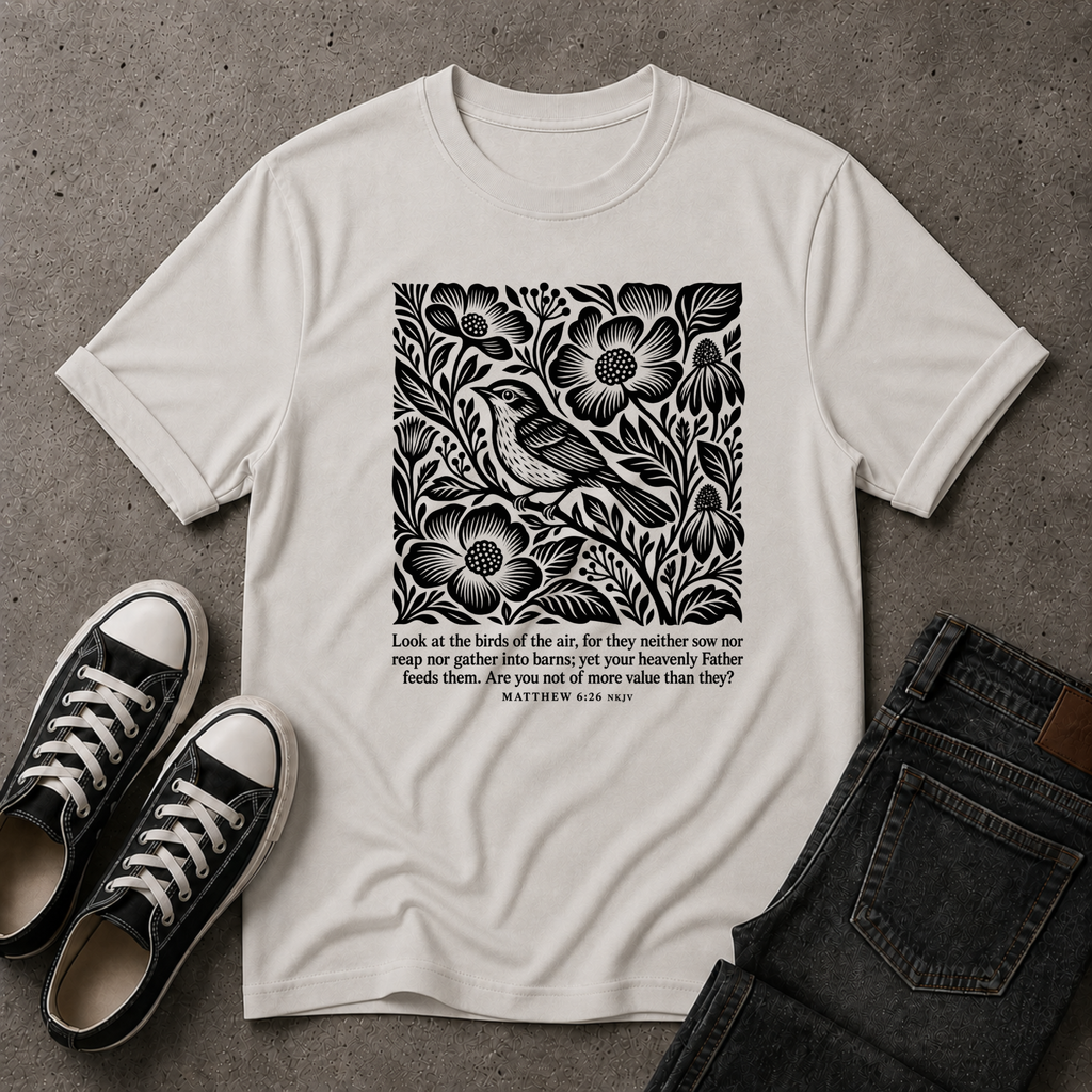 Look at the Birds Christian T-Shirt – Matthew 6:26 Scripture Tee (FRONT DESIGN)