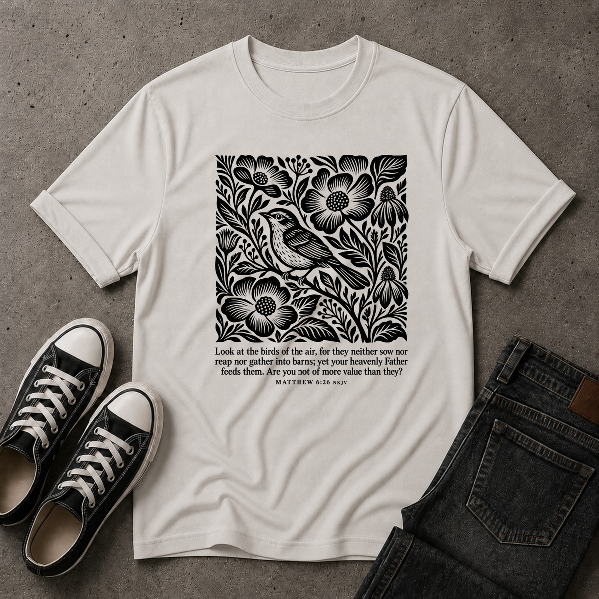 Look at the Birds Christian T-Shirt – Matthew 6:26 Scripture Tee (FRONT DESIGN)