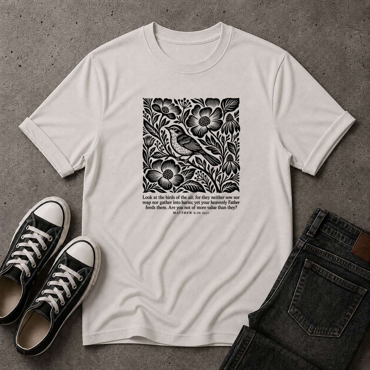 Matthew 6:26 T-Shirt – Look at the Birds Christian Tee (FRONT DESIGN)