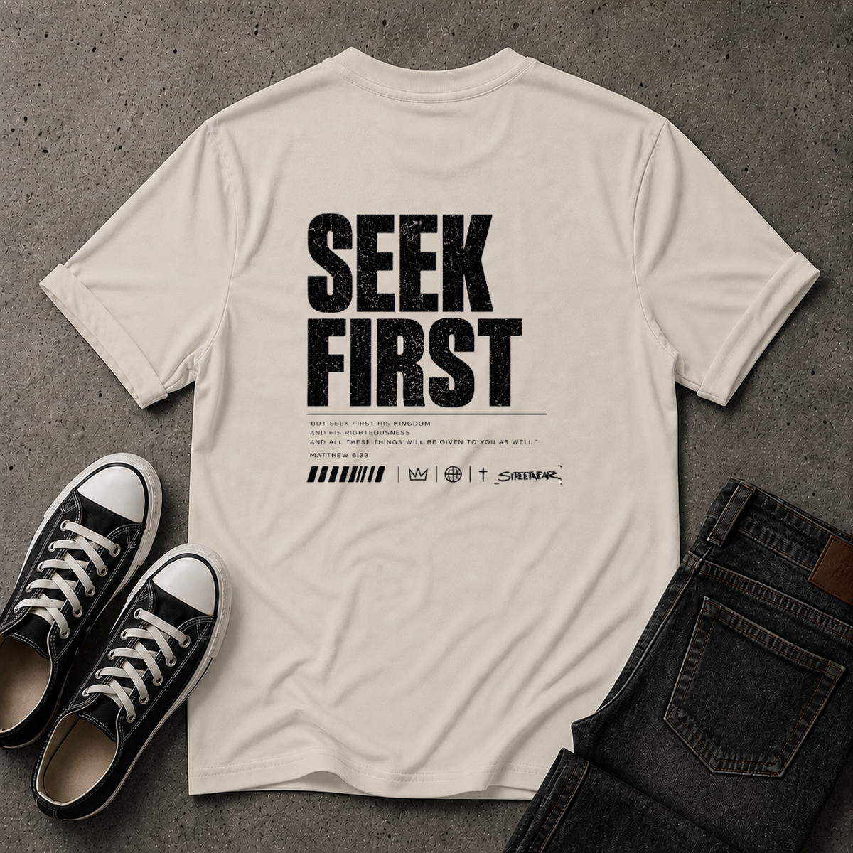 Seek First Christian T-Shirt – Matthew 6:33 – (BACK DESIGN)