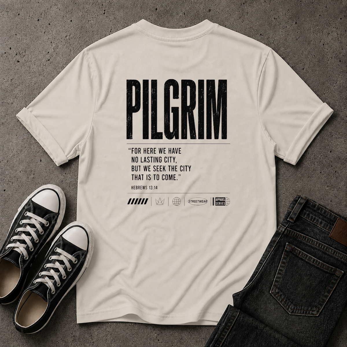 Pilgrim Christian T-Shirt – Hebrews 13:14 Scripture Tee (BACK DESIGN)