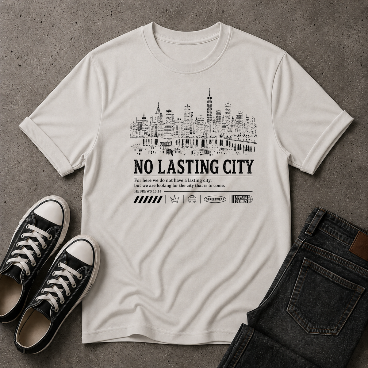 No Lasting City Christian T-Shirt – Hebrews 13:14 (FRONT DESIGN)