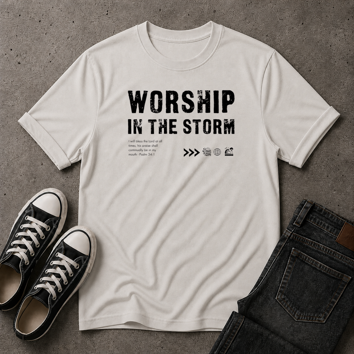 Worship in the Storm Christian T-Shirt – Psalm 34:1 (FRONT DESIGN)