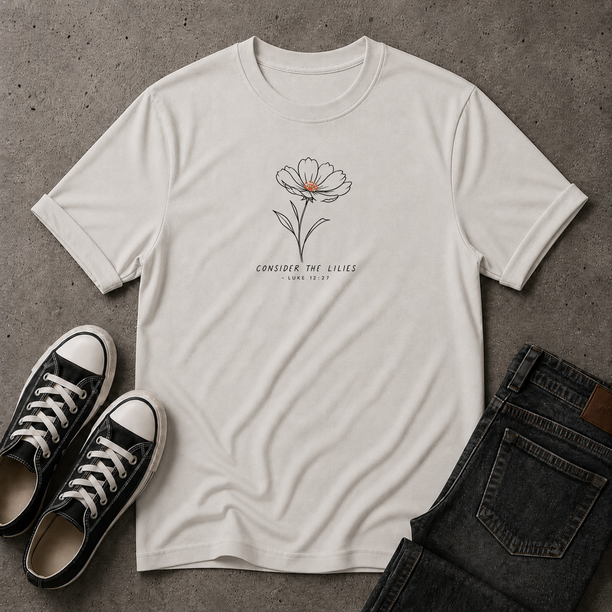 Consider the Lilies Christian T-Shirt – Luke 12:27 Floral Scripture Tee (FRONT DESIGN)
