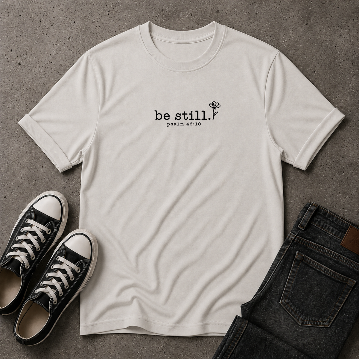 Be Still Christian T-Shirt – Psalm 46:10 Minimalist Scripture Tee (FRONT DESIGN)