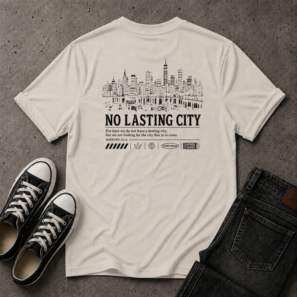 No Lasting City Christian T-Shirt – Hebrews 13:14 (BACK DESIGN)