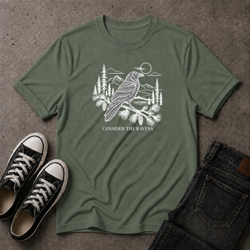 Consider the Ravens Christian T-Shirt – Luke 12:24 Scripture Tee (FRONT DESIGN)