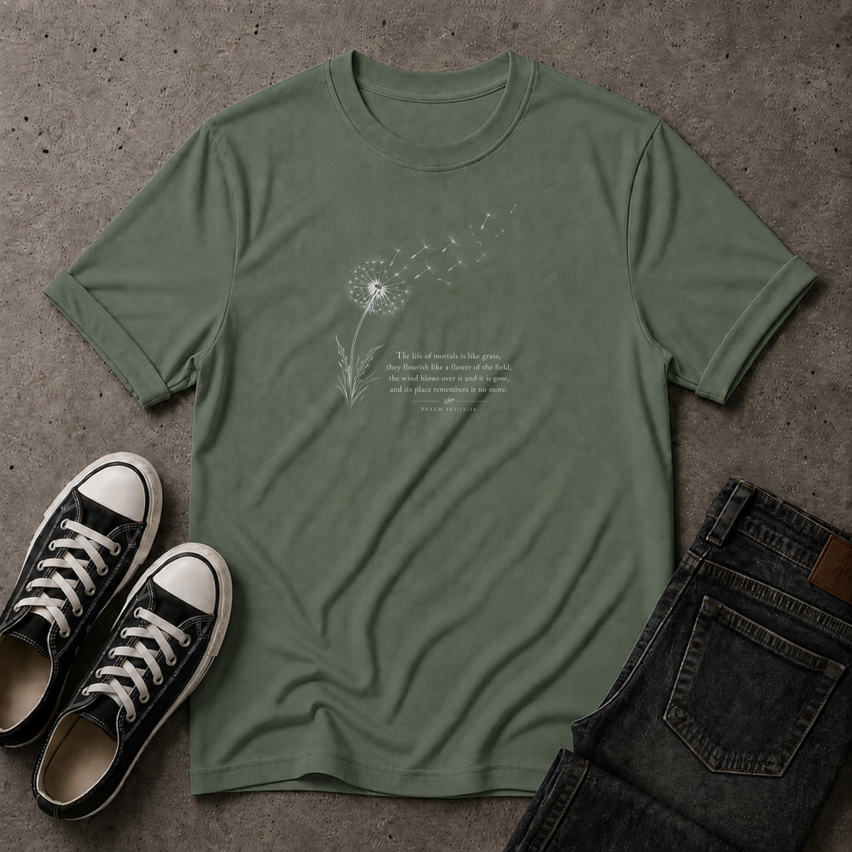 Psalm 103:15–16 T-Shirt – Life Is Like Grass Christian Tee (FRONT DESIGN)