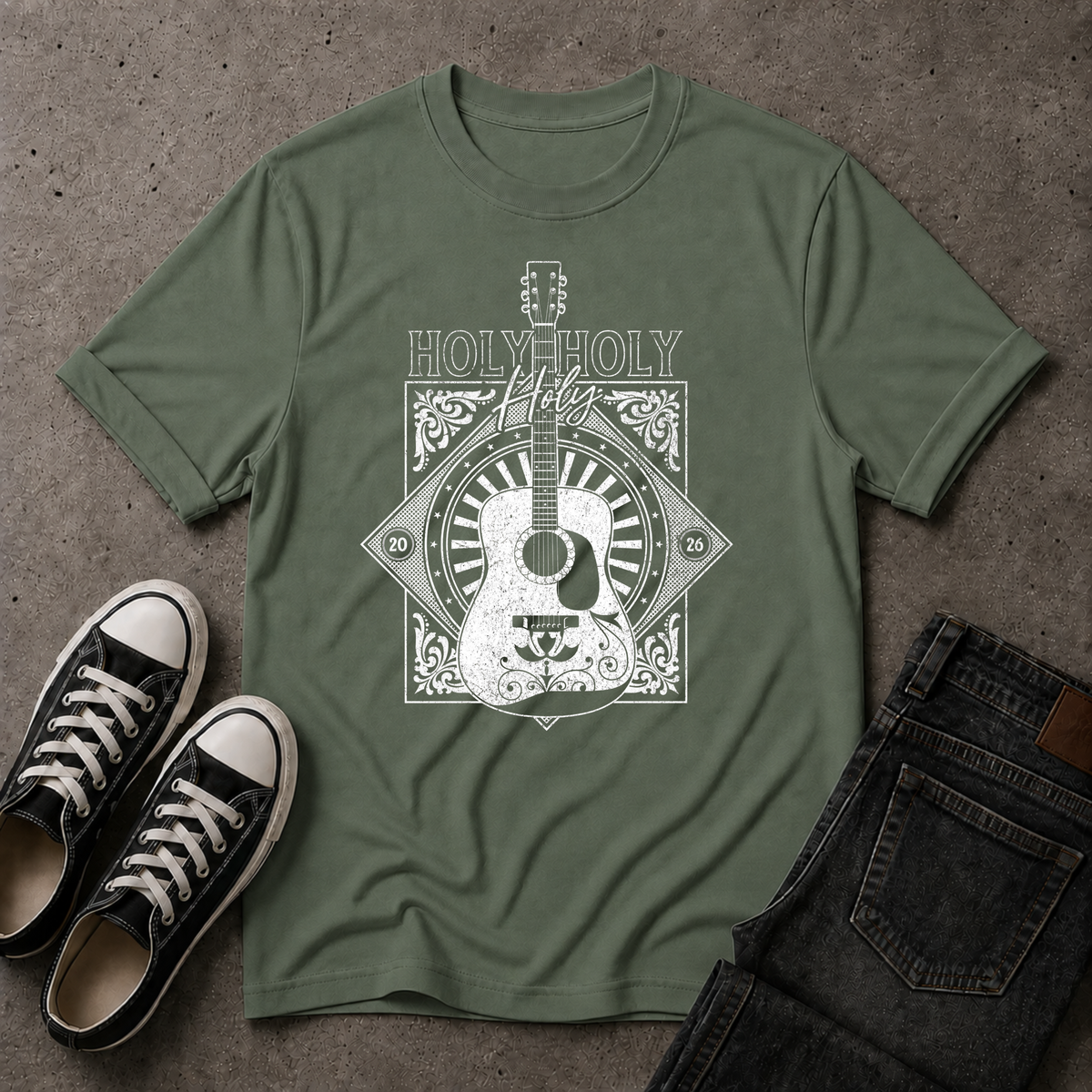 Holy Holy Holy Christian T-Shirt – Worship Guitar Faith Tee (FRONT DESIGN)