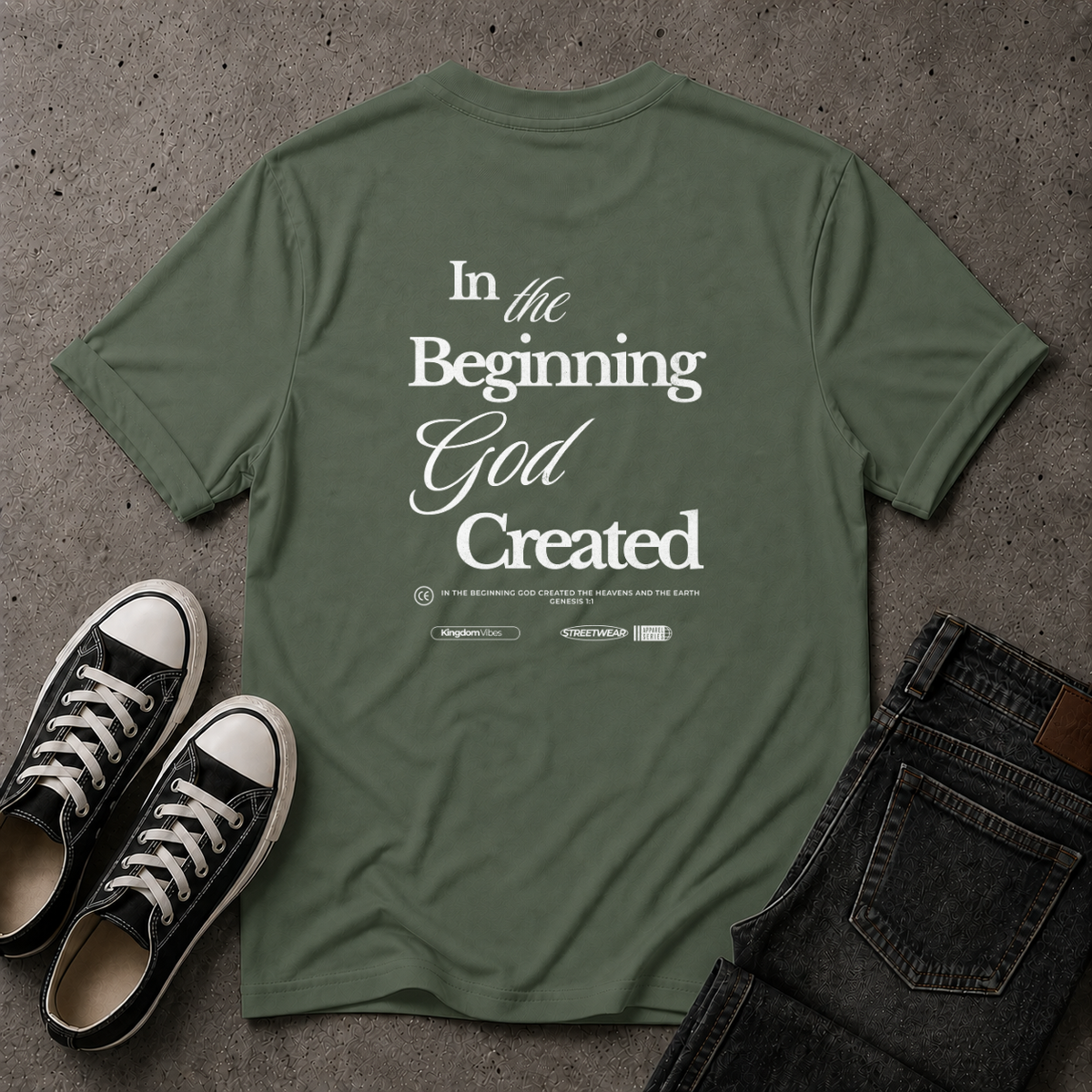 Genesis 1:1 T-Shirt – In The Beginning God Created Christian Tee (BACK DESIGN)