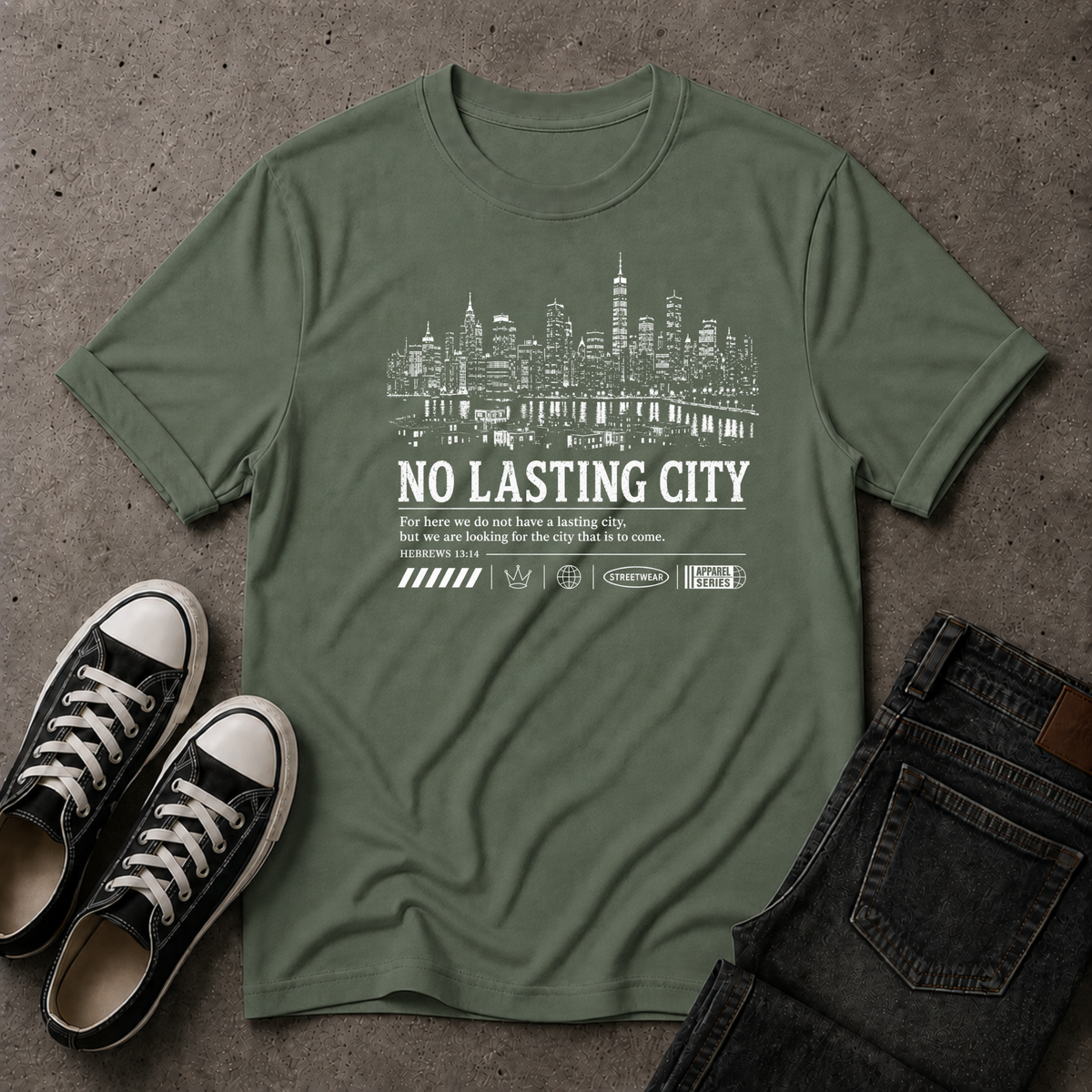 No Lasting City Christian T-Shirt – Hebrews 13:14 (FRONT DESIGN)