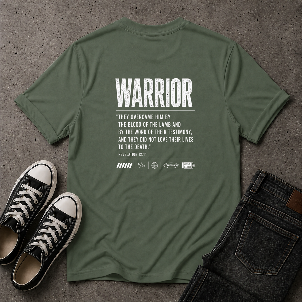 Christian Warrior T-Shirt – Revelation 12:11 Scripture Tee (BACK DESIGN)