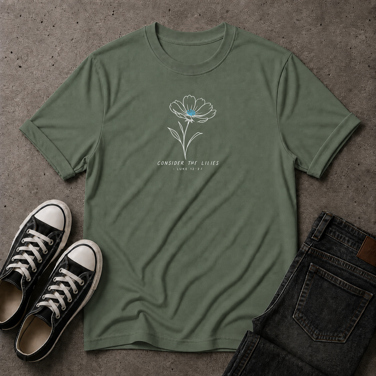 Consider the Lilies Christian T-Shirt – Luke 12:27 Floral Scripture Tee (FRONT DESIGN)