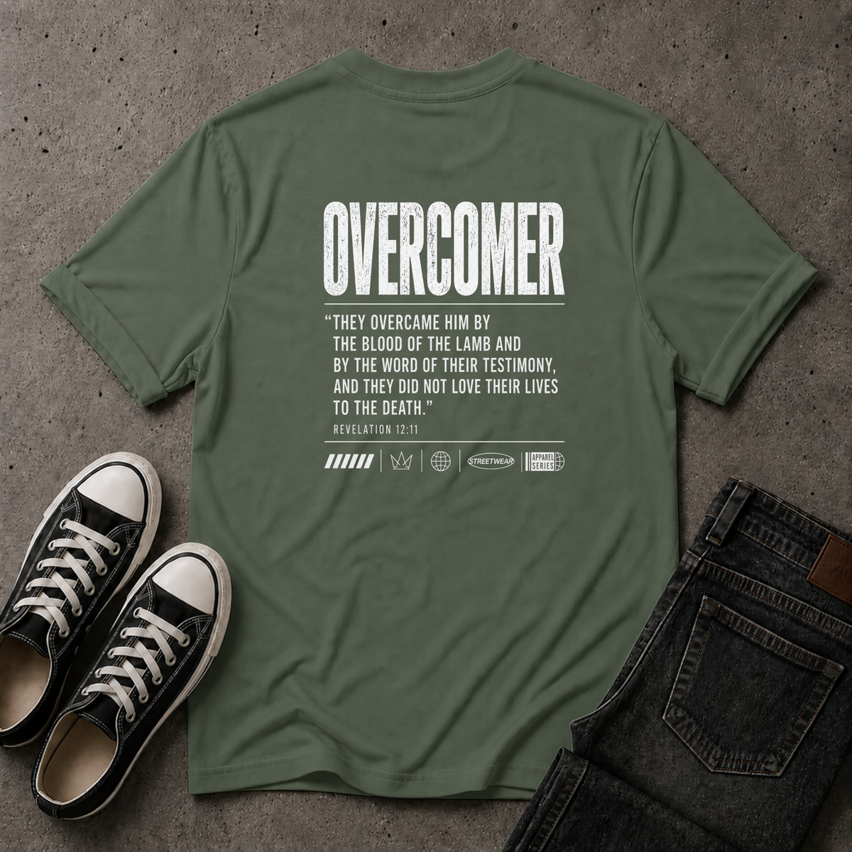 Overcomer Revelation 12:11 Christian T-Shirt – Bible Verse Tee (BACK DESIGN)