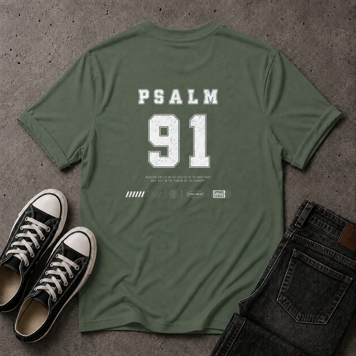 Psalm 91 T-Shirt – He Who Dwells Christian Scripture T-Shirt (BACK DESIGN)