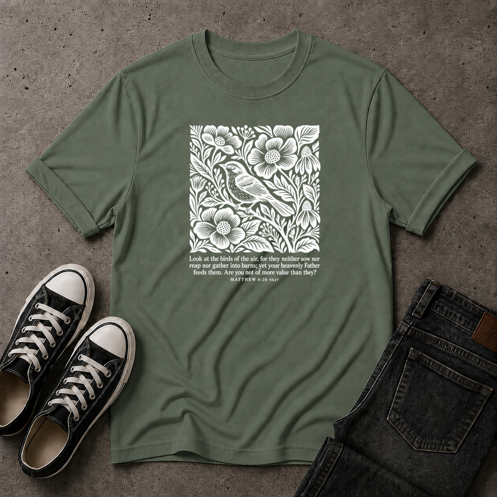 Matthew 6:26 T-Shirt – Look at the Birds Christian Tee (FRONT DESIGN)