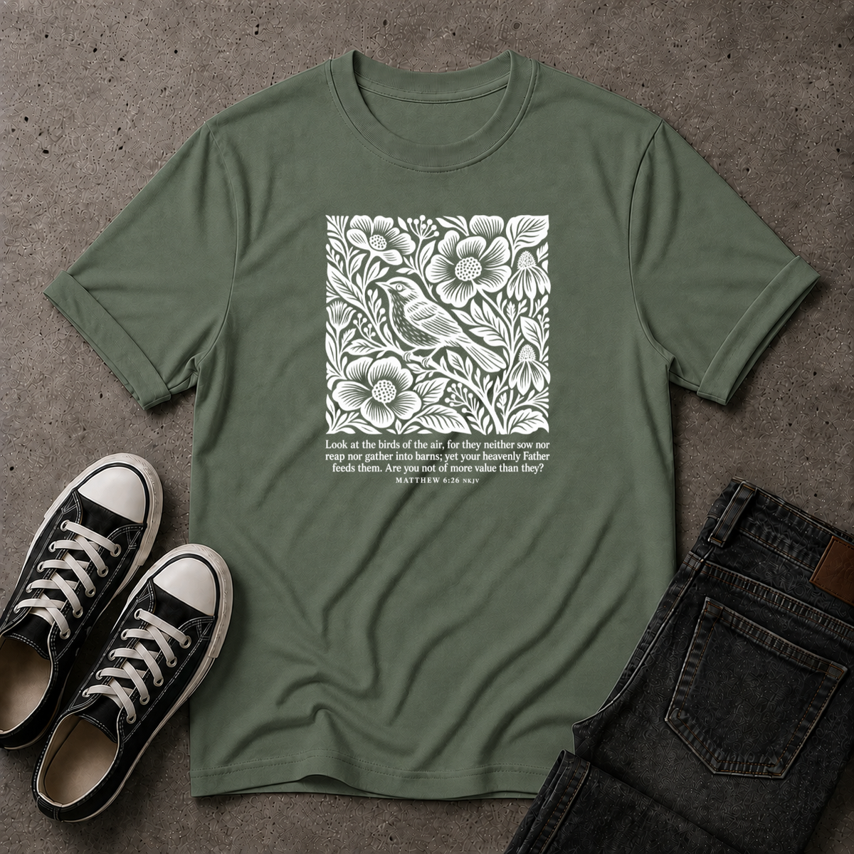Matthew 6:26 T-Shirt – Look at the Birds Christian Tee (FRONT DESIGN)