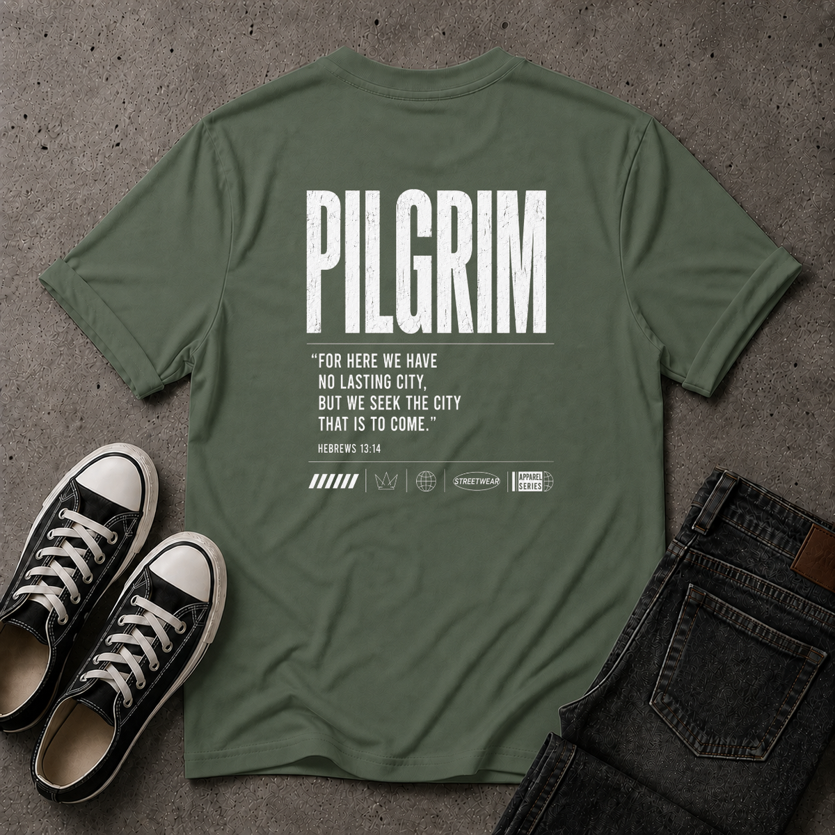 Pilgrim Christian T-Shirt – Hebrews 13:14 Scripture Tee (BACK DESIGN)
