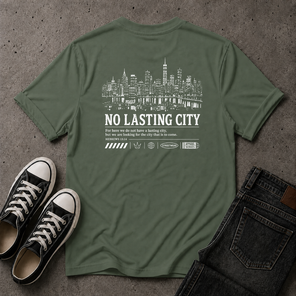 No Lasting City Christian T-Shirt – Hebrews 13:14 (BACK DESIGN)