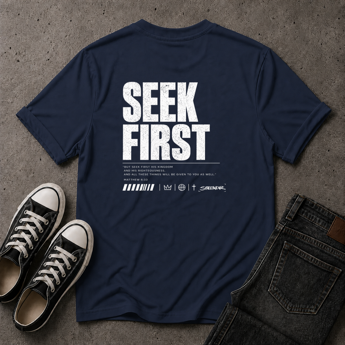 Seek First Christian T-Shirt – Matthew 6:33 – (BACK DESIGN)