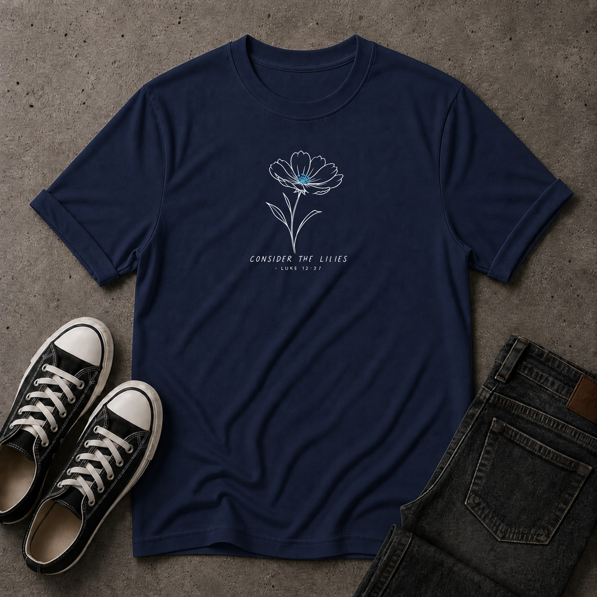 Consider the Lilies Christian T-Shirt – Luke 12:27 Floral Scripture Tee (FRONT DESIGN)